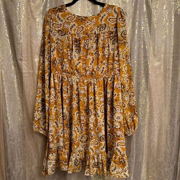 Cotton Bleu Golden Yellow Brown Paisley Long Sleeve Dress Large NWT - Picture 2 of 9